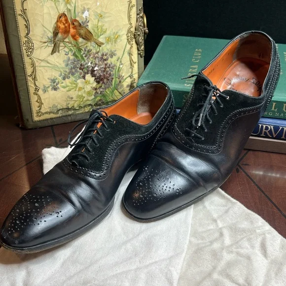 santoni black dress shoes Santoni Men's Isaac Cap-Toe Leather Oxford Shoes, Black, Men's, 9.5D, Lace-Up Shoes Oxfords